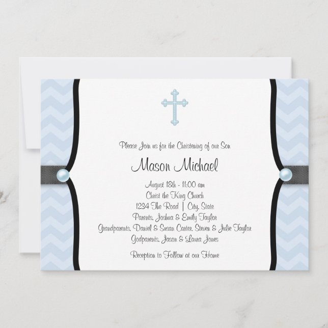 Elegant Blue Chevron Christening Inbjudningar (Framsida)