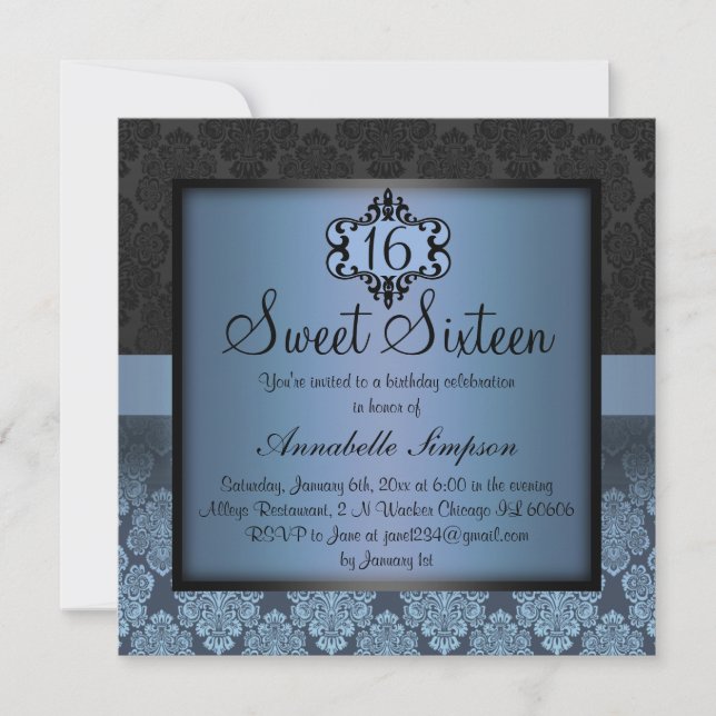 Elegant Blue Chic Damask Sweet16 Inbjudan (Framsida)