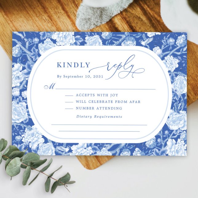 Elegant Blue Chinoiserie Bird Peony Bröllop OSA Kort (Skapare uppladdad)