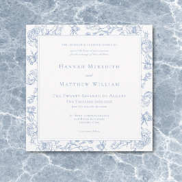 Elegant Blue Chinoiserie Bird & Vapensköld Bröllop Inbjudningar