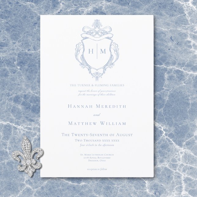 Elegant Blue Chinoiserie Bird & Vapensköld Bröllop Inbjudningar (Elegant Blue Chinoiserie Bird & Crest Wedding Invitation)