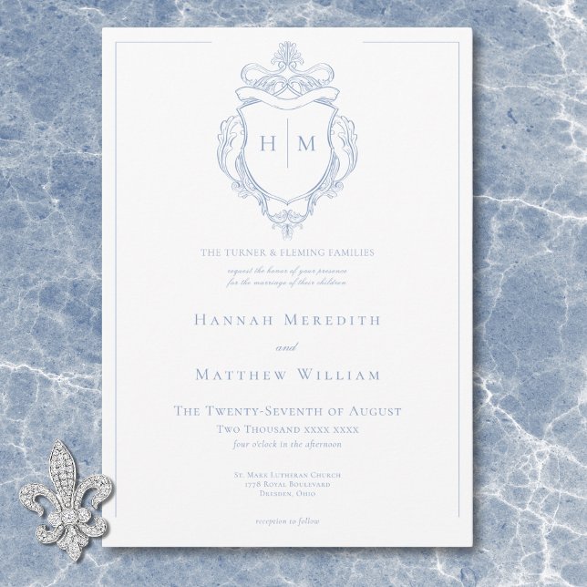 Elegant Blue Chinoiserie Bird & Vapensköld Bröllop Inbjudningar (Elegant Blue Chinoiserie Bird & Crest Wedding Invitation)