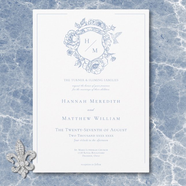 Elegant Blue Chinoiserie Bird & Vapensköld Bröllop Inbjudningar (Elegant Blue Chinoiserie Bird & Crest Wedding Invitation)