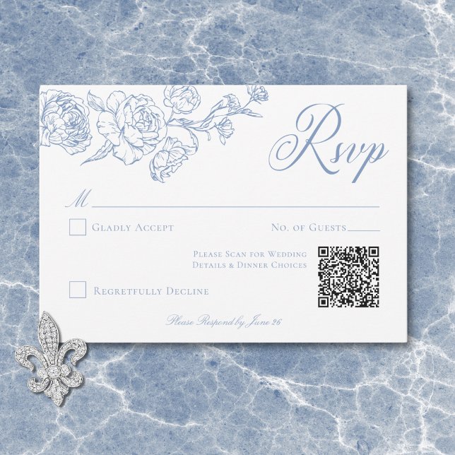 Elegant Blue Chinoiserie Bird & Vapensköld Bröllop OSA Kort (Elegant Blue Chinoiserie Bird & Crest Wedding QR RSVP Card)