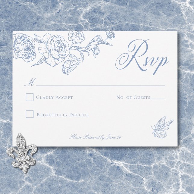 Elegant Blue Chinoiserie Bird & Vapensköld Bröllop OSA Kort (Elegant Blue Chinoiserie Bird & Crest Wedding No Dinner RSVP Card)