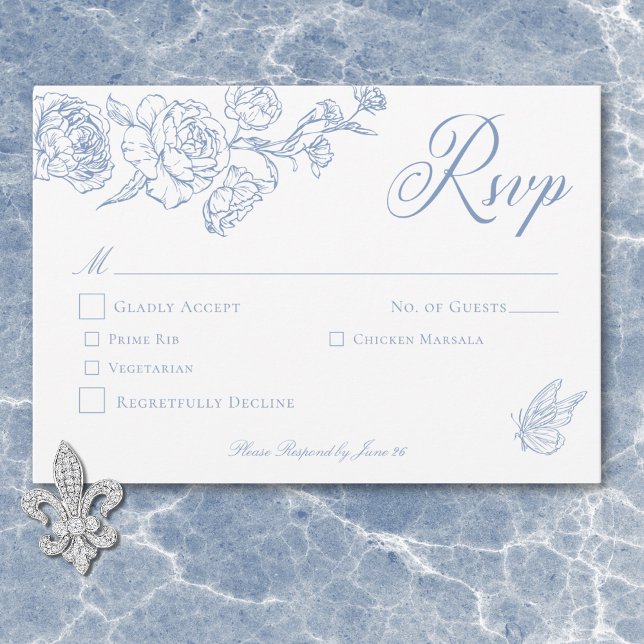 Elegant Blue Chinoiserie Bird & Vapensköld Bröllop OSA Kort (Elegant Blue Chinoiserie Bird & Crest Wedding Dinner RSVP Card)
