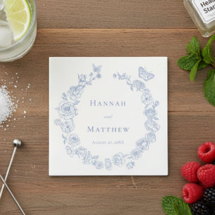 Elegant Blue Chinoiserie Bird Vapensköld Bröllop Pappersservett