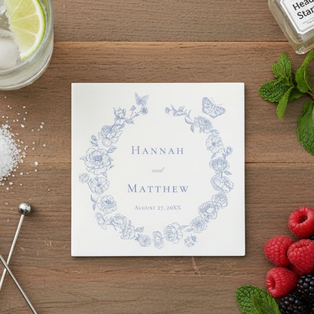 Elegant Blue Chinoiserie Bird Vapensköld Bröllop Pappersservett (Skapare uppladdad)