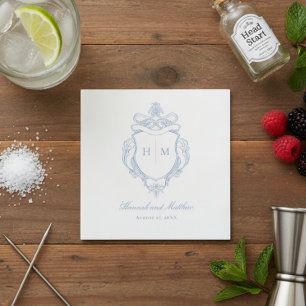 Elegant Blue Chinoiserie Bird Vapensköld Bröllop Pappersservett