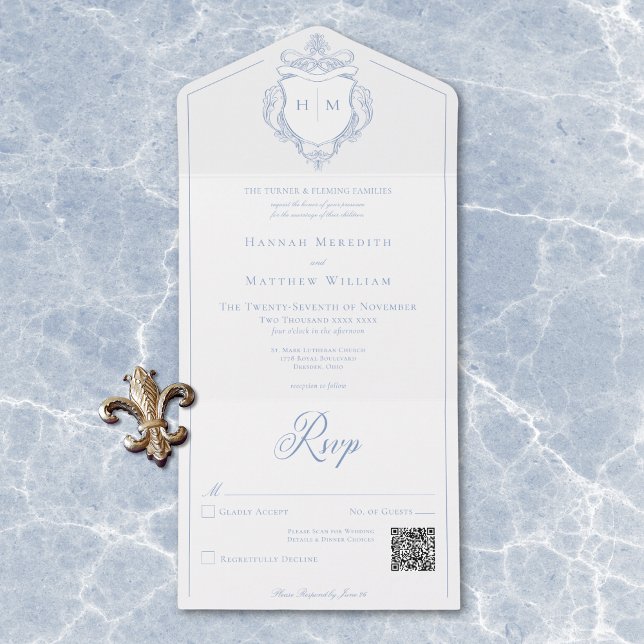 Elegant Blue Chinoiserie Bird Vapensköld Bröllop Q (Elegant Blue Chinoiserie Bird Crest Wedding QR All In One Invitation)