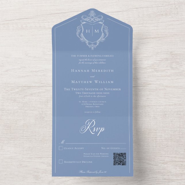 Elegant Blue Chinoiserie Bird Vapensköld Bröllop Q (Insida)