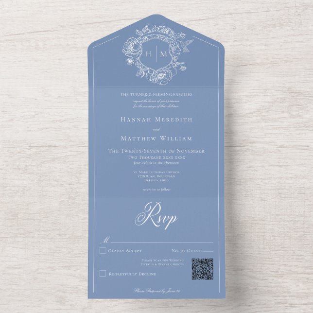 Elegant Blue Chinoiserie Bird Vapensköld Bröllop Q (Insida)