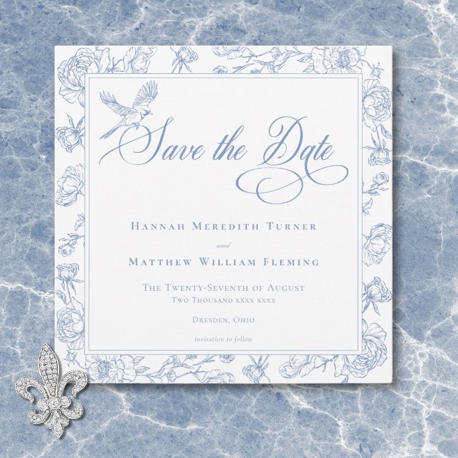 Elegant Blue Chinoiserie Bird & Vapensköld Bröllop Spara Datumet (Elegant Blue Chinoiserie Bird & Crest Wedding Save The Date)