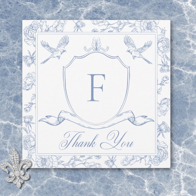 Elegant Blue Chinoiserie Bird & Vapensköld Bröllop Tack Kort (Elegant Blue Chinoiserie Bird & Crest Wedding Thank You Card)