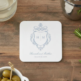 Elegant Blue Chinoiserie Bird Vapensköld Bröllop Underlägg Papper Kvadrat