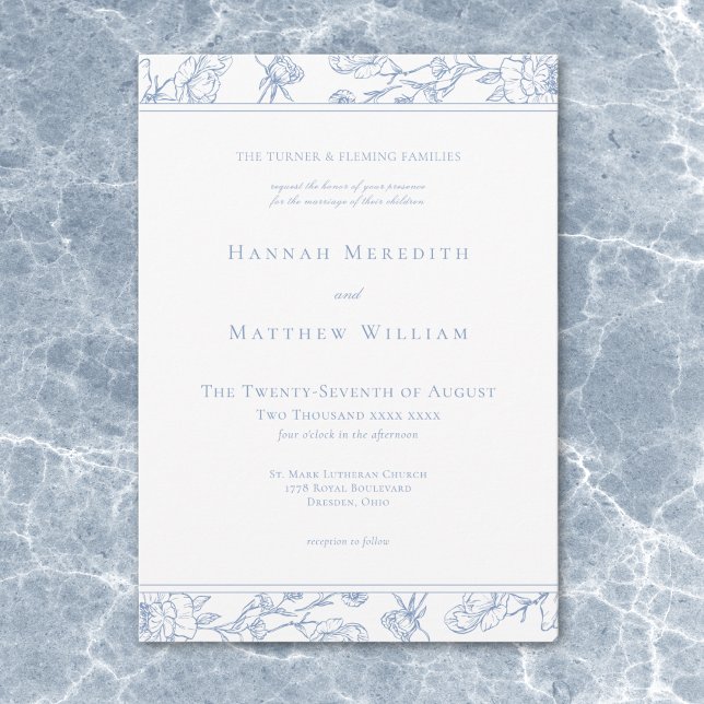 Elegant Blue Chinoiserie Bird Vapensköld Gräns Brö Inbjudningar (Elegant Blue Chinoiserie Bird Crest Border Wedding Invitation)