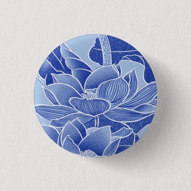 Elegant Blue Chinoiserie Blommigt Lotus Mandala Knapp (Framsida)