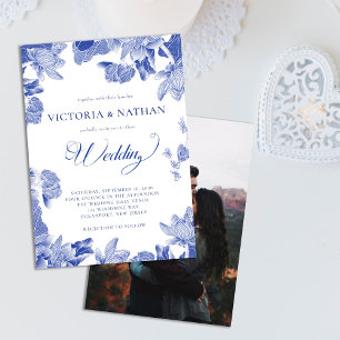 Elegant Blue Chinoiserie Blommigt Photo Bröllop Inbjudningar
