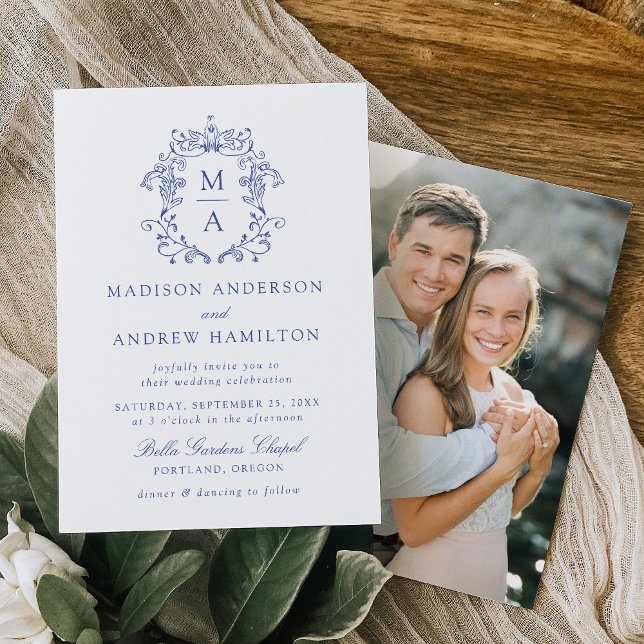 Elegant Blue Chinoiserie Blommigt Photo Bröllop Inbjudningar (Skapare uppladdad)