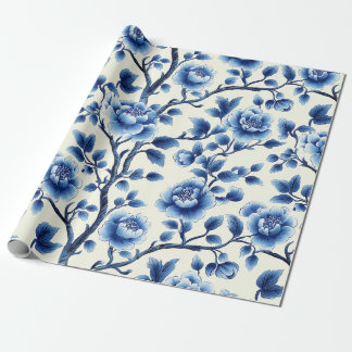 Elegant Blue Chinoiserie Blommönster Design Presentpapper