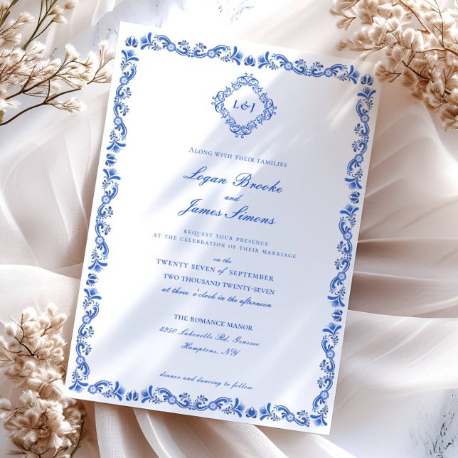 Elegant Blue Chinoiserie bröllopsinbjudan Inbjudningar (Skapare uppladdad)
