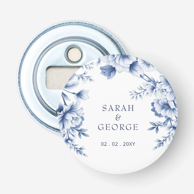 Elegant Blue Chinoiserie Floral Botanical Wedding Flasköppnare (Framsidan)