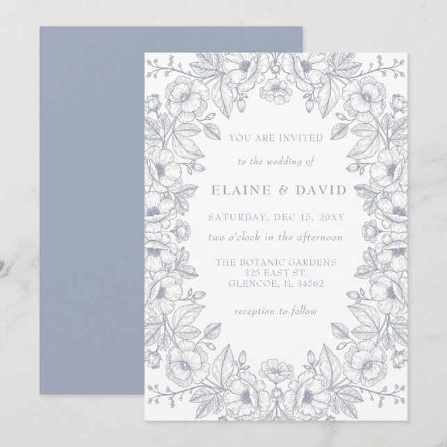 Elegant Blue Chinoiserie Floral Botanical Wedding Inbjudningar (Fram/baksida)