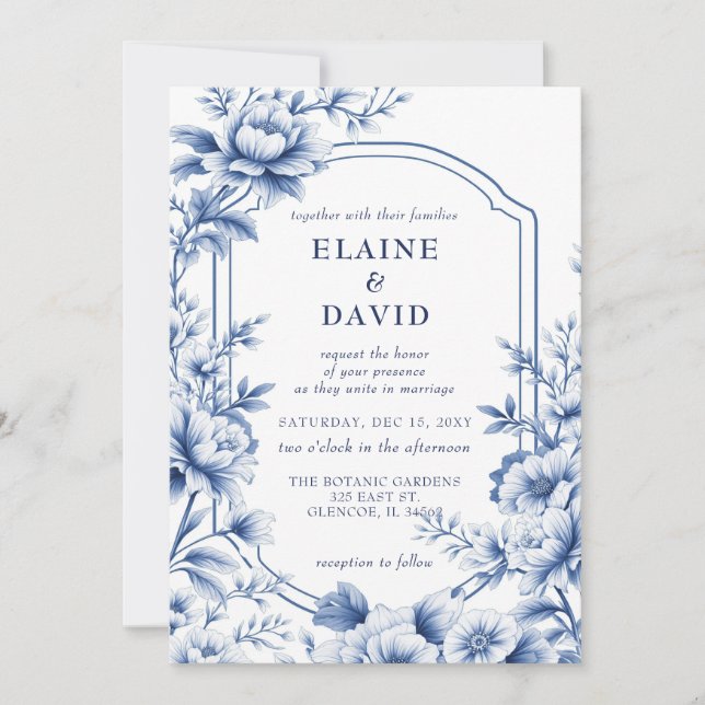 Elegant Blue Chinoiserie Floral Botanical Wedding Inbjudningar (Framsida)