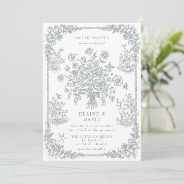 Elegant Blue Chinoiserie Floral Botanical Wedding Inbjudningar (Stående Fram)