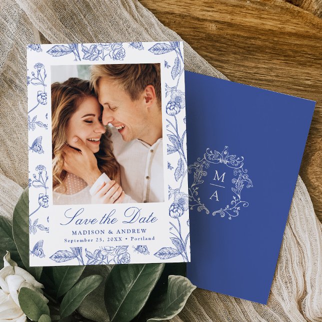 Elegant Blue Chinoiserie Floral Photo Wedding Spara Datumet (Skapare uppladdad)