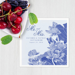 Elegant Blue Chinoiserie Mr. & Mrs Blommigt Bröllo Pappersservett