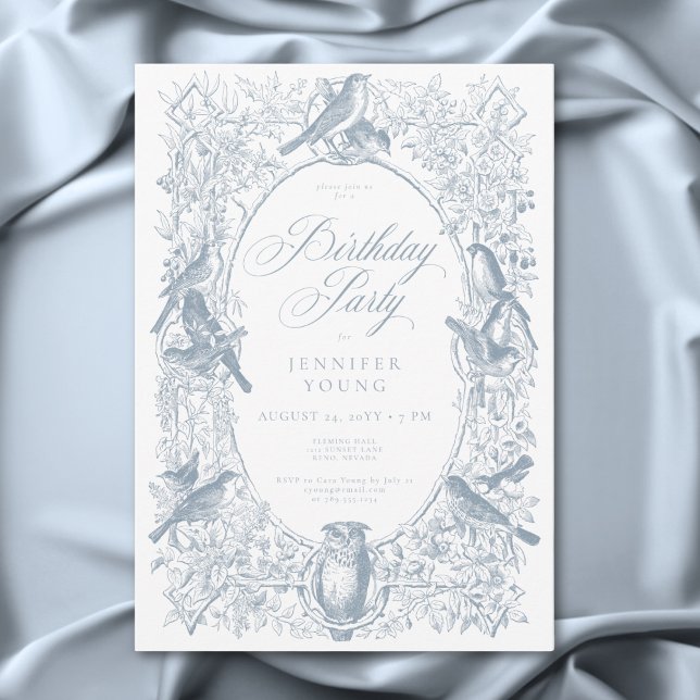 Elegant Blue Chinoiserie Nature & Birds Birthday Inbjudningar (Elegant Blue Chinoiserie Nature & Birds Birthday Invitation)