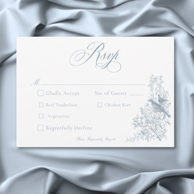 Elegant Blue Chinoiserie Nature & Birds Bröllop OSA Kort (Elegant Blue Chinoiserie Nature & Birds Wedding RSVP Card)