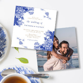 Elegant Blue Chinoiserie Photo Square Bröllop Inbjudningar