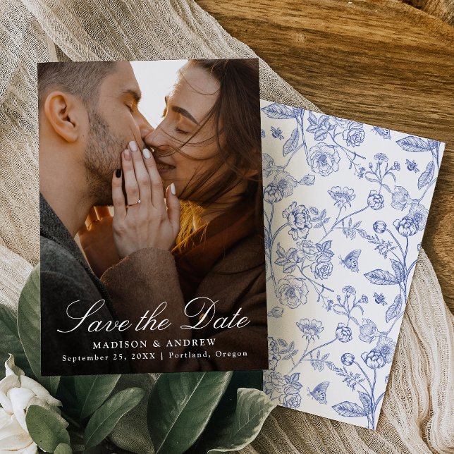 Elegant Blue Chinoiserie Photo Wedding Spara Datumet (Skapare uppladdad)