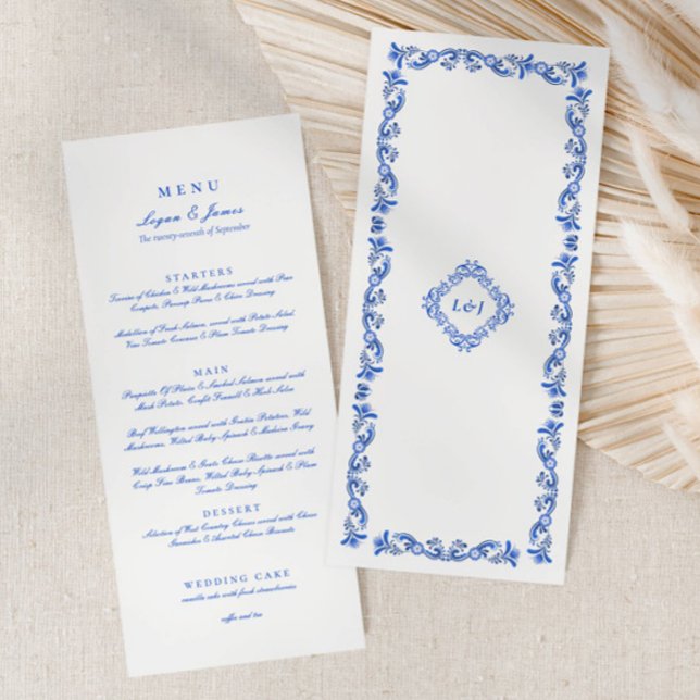 Elegant Blue chinoiserie Script Bröllop Menu Meny (Skapare uppladdad)