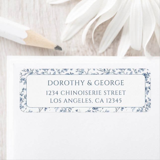 Elegant Blue Chinoiserie Wedding Return Address Returadress Etikett (Insitu)