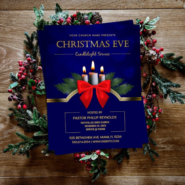 Elegant Blue Christmas Eve Candlelight Church Reklamblad (Skapare uppladdad)