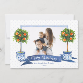 Elegant Blue Citrus Chinoiserie Julfoto Julkort