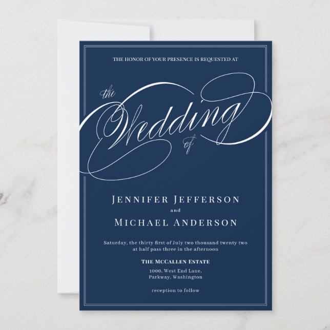 Elegant Blue Classic Calligraphy Bröllop Inbjudningar (Framsida)
