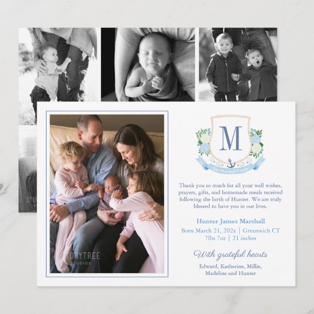 Elegant Blue Coastal Monogram 6 Foton Baby Birth Meddelande (Fram/baksida)
