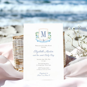 Elegant Blue Coastal Monogram Baby Shower for Boy Inbjudningar