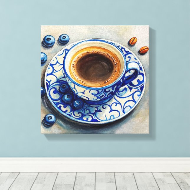 Elegant Blue Coffee Cup with Blueberries – Realist Canvastryck (Insitu (trägolv))