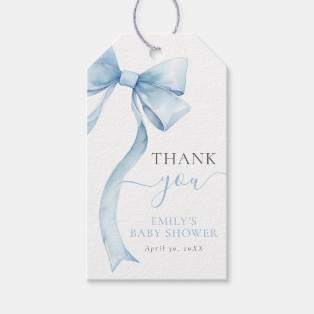 Elegant Blue Coquette Bow Boy Baby Shower Presentetikett (Framsidan)