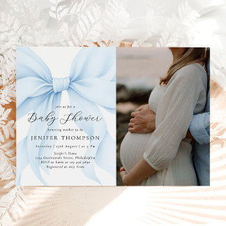 Elegant Blue Coquette Bow Girl Baby Shower Photo Inbjudningar