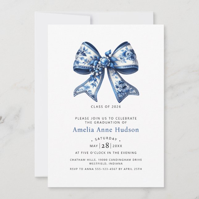 Elegant Blue Coquette Bow Graduation Party Inbjudningar (Framsida)