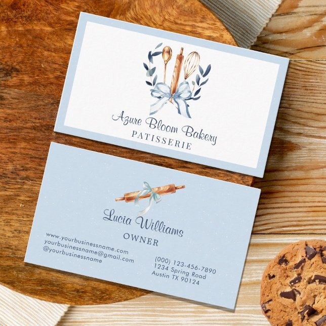 Elegant Blue Coquette Bow Utensils Bakery Visitkort (Watercolor Blue bow utensils bakery business card)