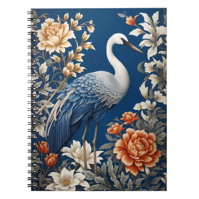 Elegant Blue Crane William Morris Inspired Anteckningsbok (Framsidan)