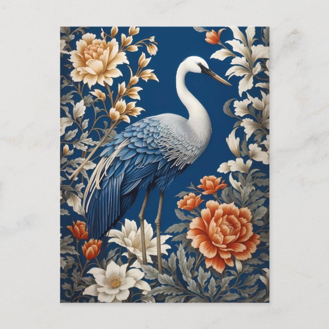 Elegant Blue Crane William Morris Inspired Vykort (Framsida)