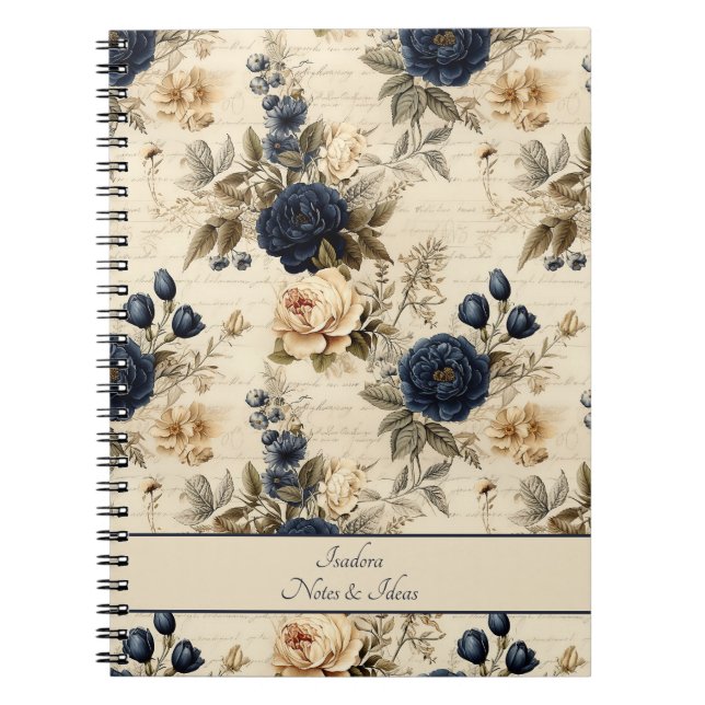 Elegant Blue Cream Ro Blommönster Anteckningsbok (Framsidan)